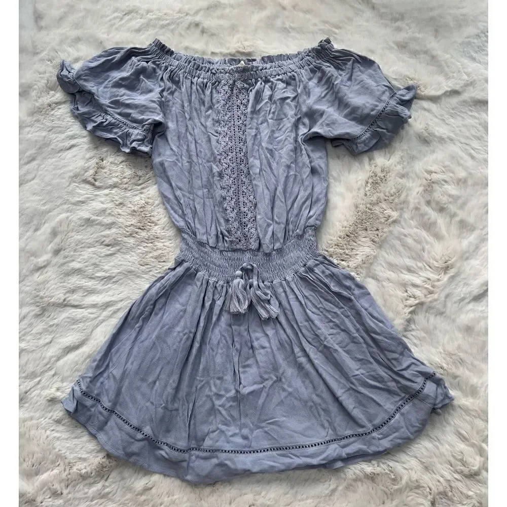 Ocean Drive Mini Dress Off the Shoulder Tassels Smocking Boho Blue size M